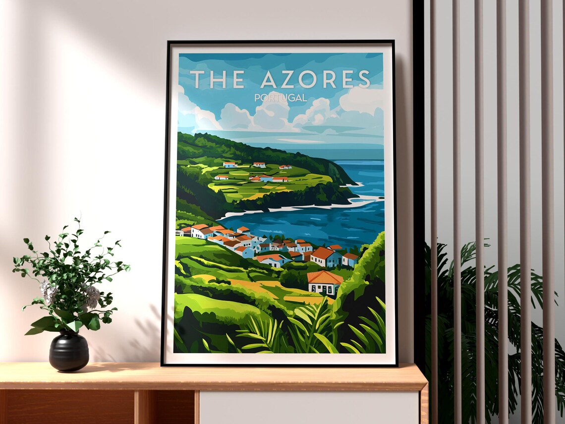 The Azores Portugal Lush Green Island Coastline Village Bay Poster
