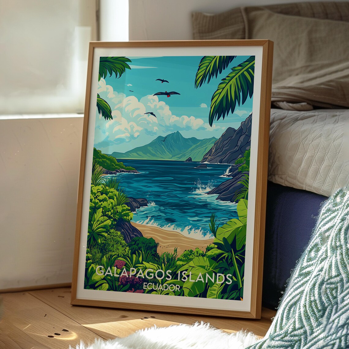 Galapagos Islands Ecuador Tropical Cove Beach Wildlife Vintage Poster - Image 3