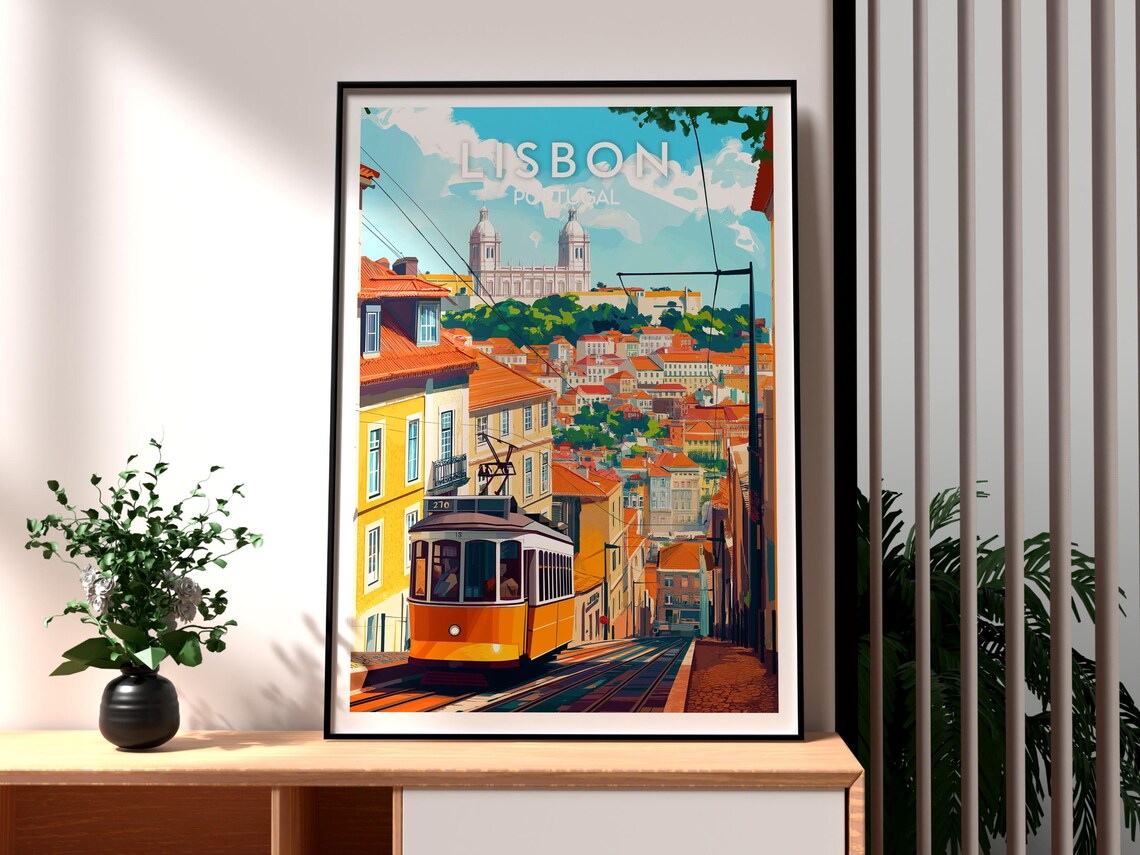 Lisbon Portugal Yellow Tram Castle Hill Alfama Street Travel Poster