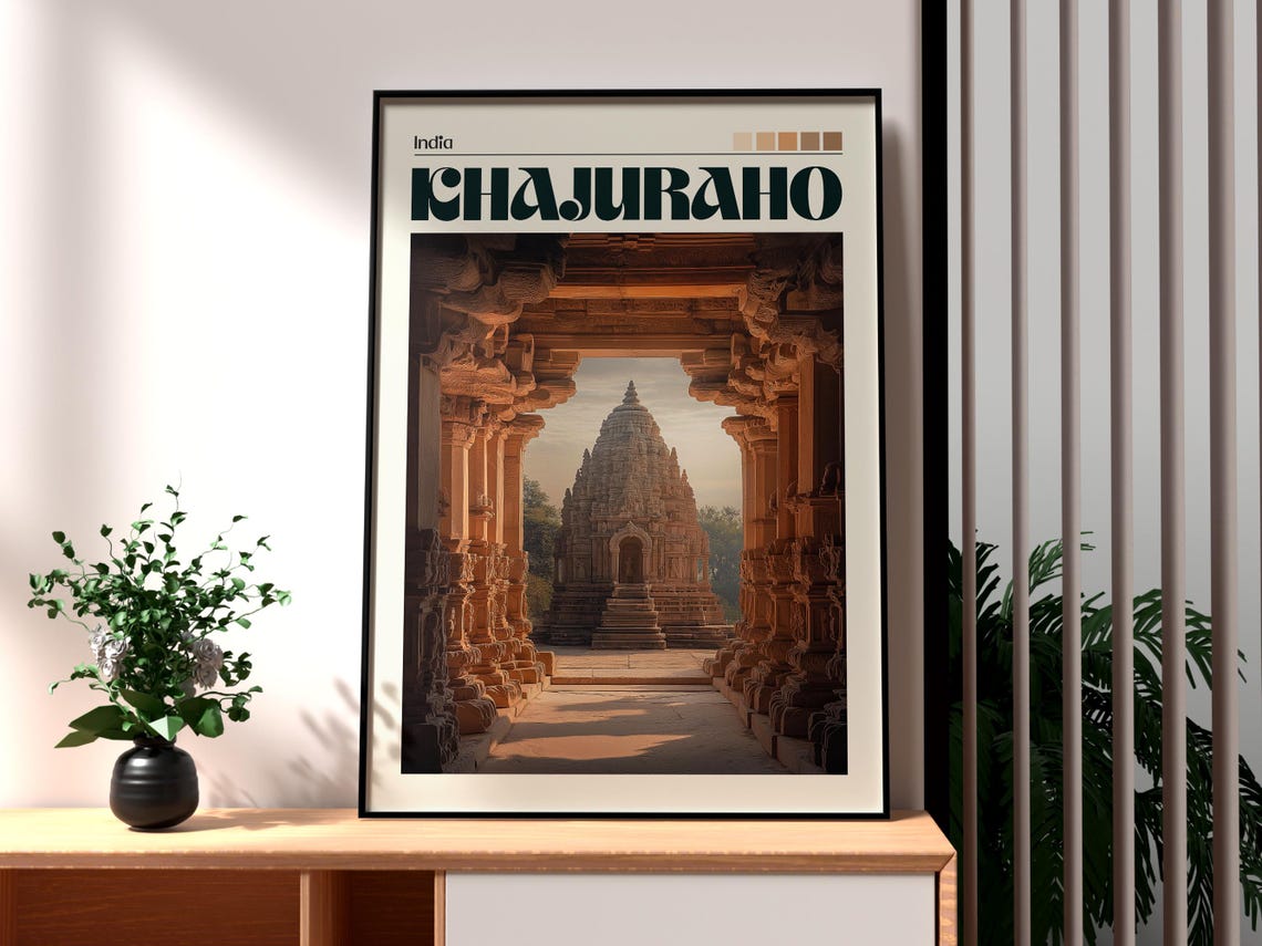Khajuraho India Ancient Sandstone Temple Corridor Art Poster
