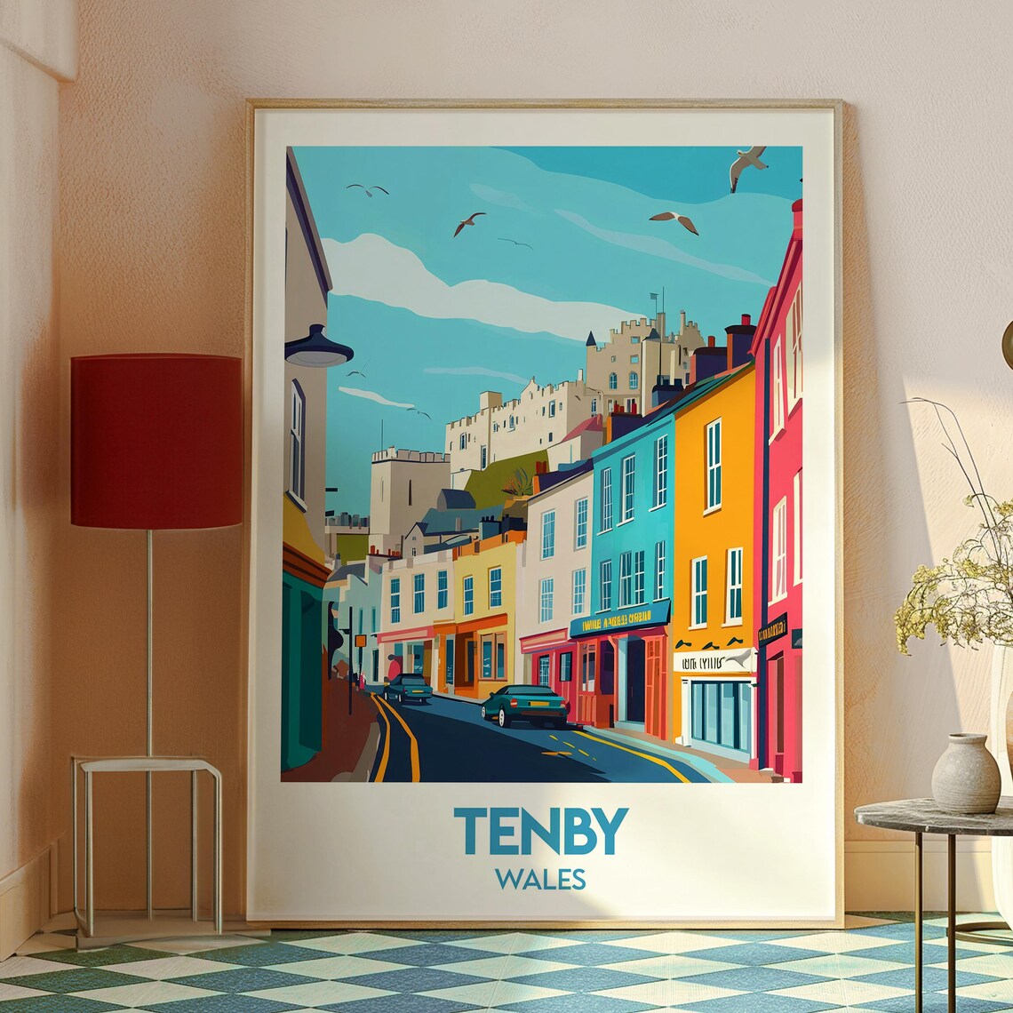 Tenby Wales Castle Colorful High Street Seaside Travel Poster - Image 2