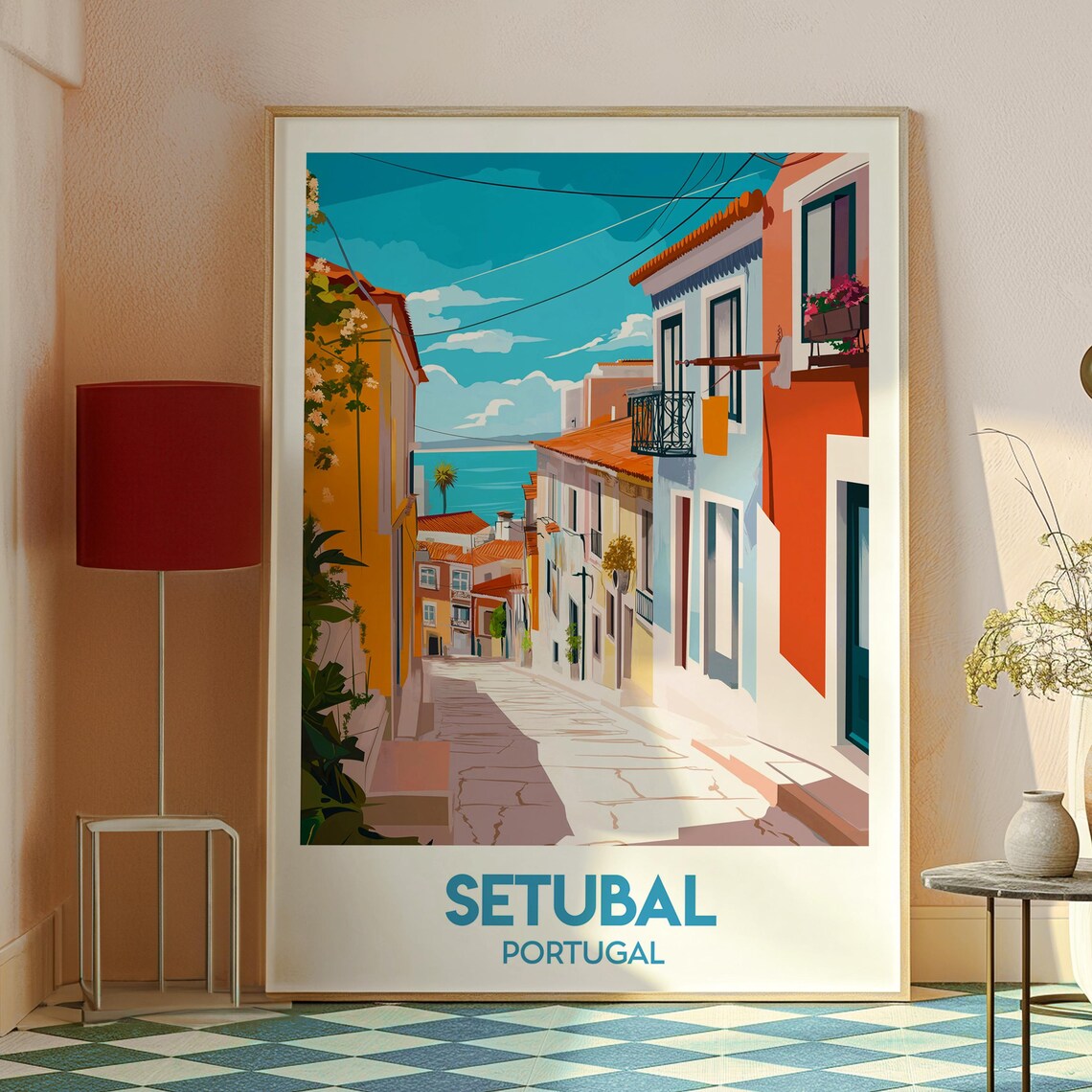 Setubal Portugal Colorful Coastal Street Ocean View Travel Poster - Image 2