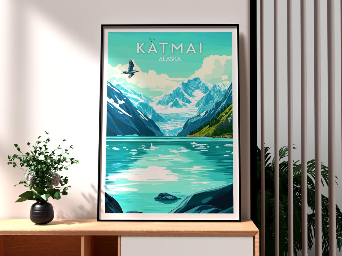 Katmai Alaska Glacier Lake Bald Eagle Mountain Travel Poster