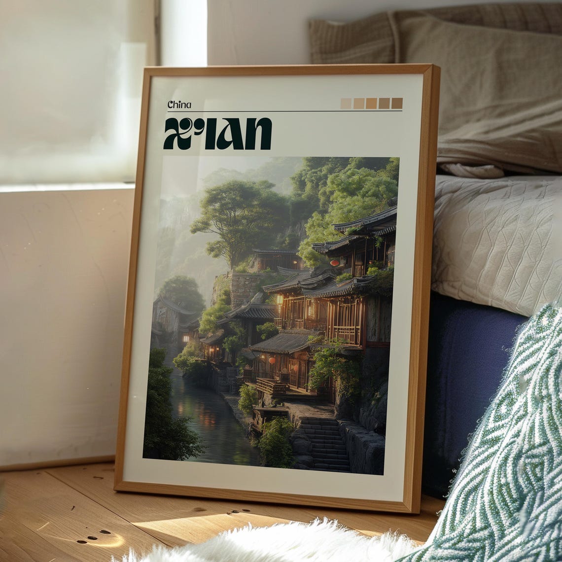 Xi An China Ancient Riverside Traditional Wooden Town Travel Poster - Image 3