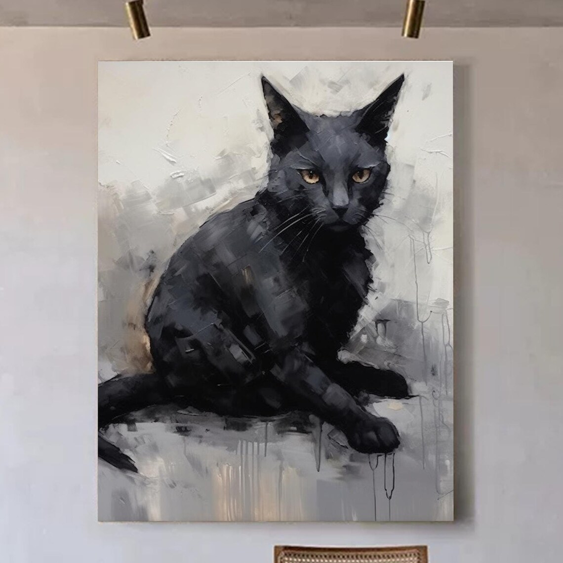 Black Cat Amber Eyes Sitting Full Body Oil Painting Pet Portrait Poster