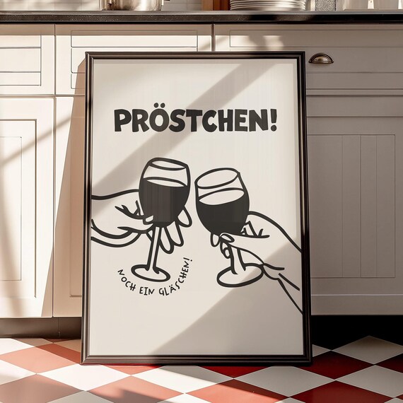 Prostchen Noch Ein Glaschen Wine Toast Retro Bar Cart Kitchen Poster