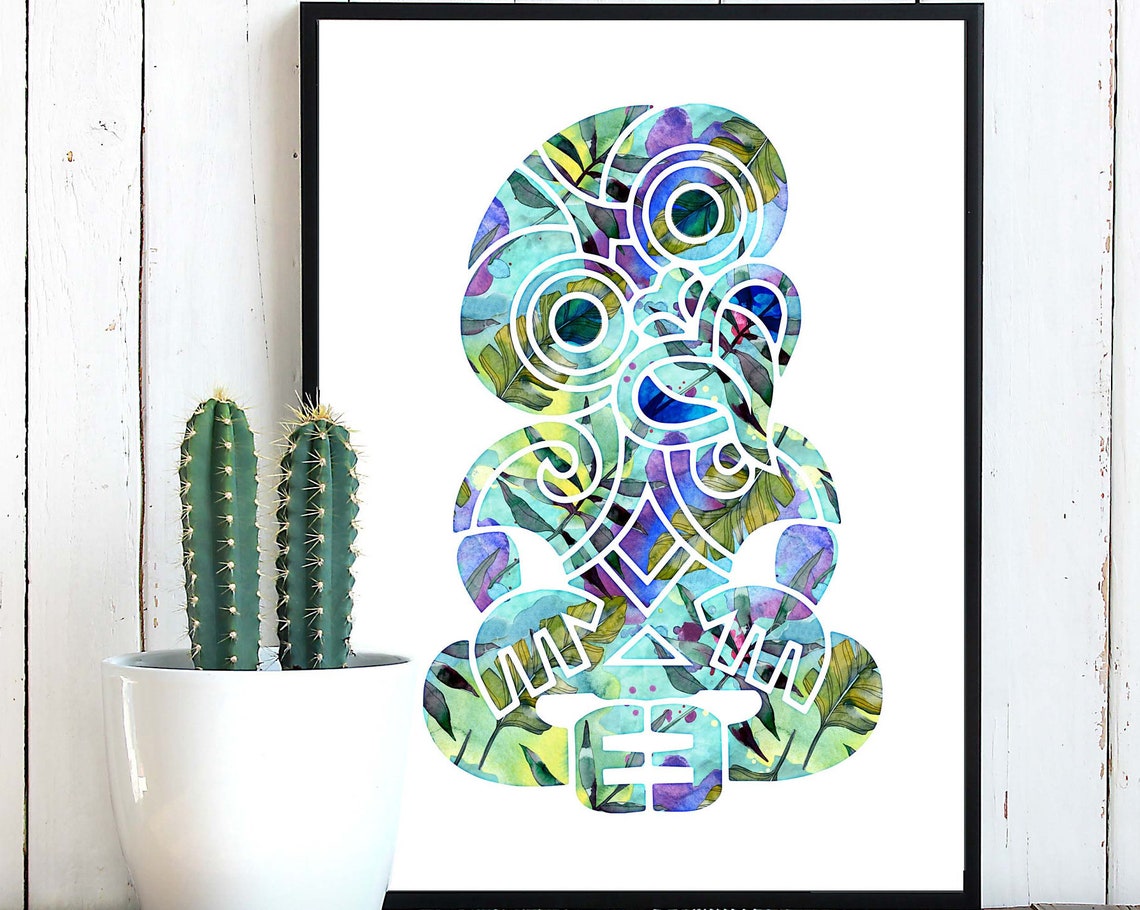 Maori Tiki Koru Tropical Watercolor Tribal Style Artwork Poster