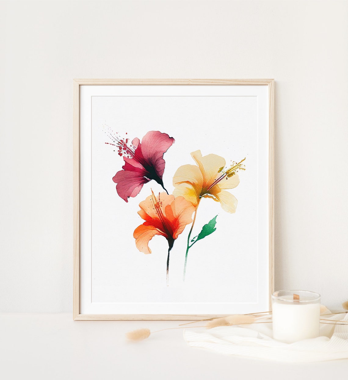 Hibiscus Watercolor Trio Pink Yellow Orange Blooms Minimalist Wall Art - Image 4