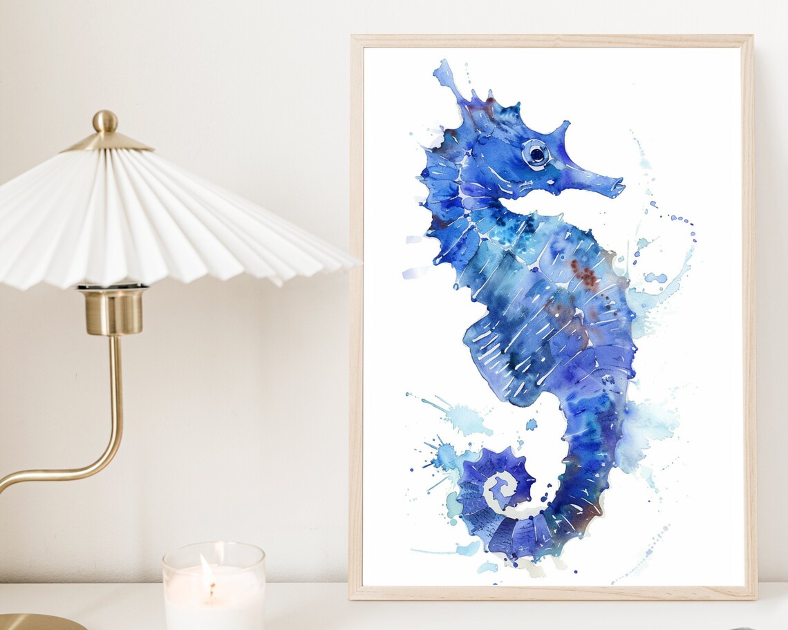 Blue Seahorse Watercolor Splash Art Ocean Sea Animal Wall Poster Print - Image 2