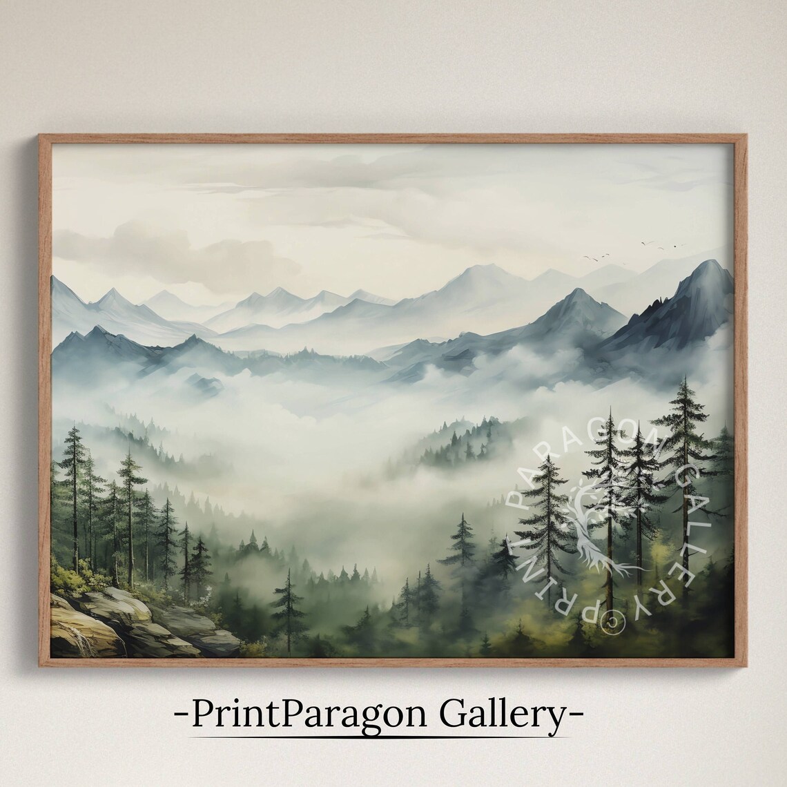 Misty Mountain Forest Watercolor Painting Foggy Pine Valley Poster
