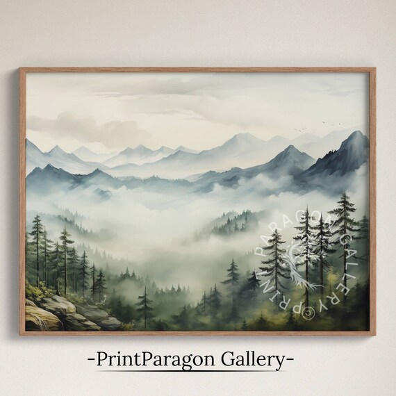 Misty Mountain Forest Watercolor Painting Foggy Pine Valley Poster