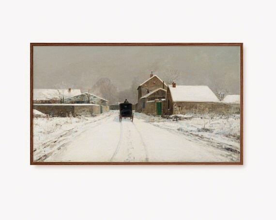 Horse Carriage on Snowy Village Street Vintage Winter Poster