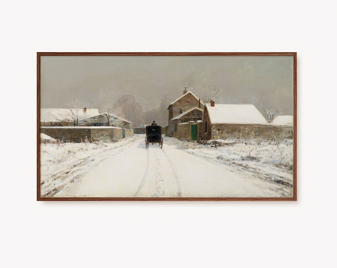 Horse Carriage on Snowy Village Street Vintage Winter Poster