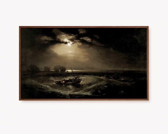 Winter Coastal Seascape Moonlight Boat Moody Vintage Painting Print