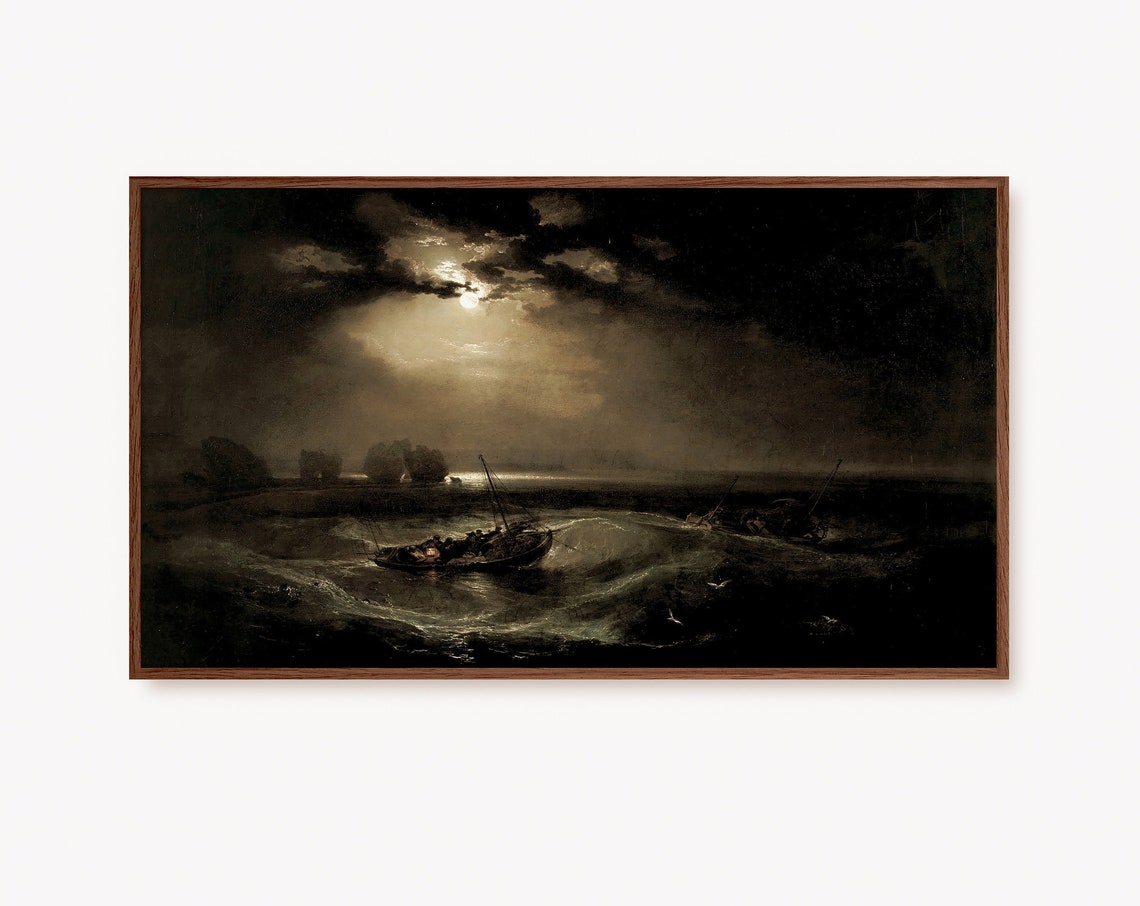 Winter Coastal Seascape Moonlight Boat Moody Vintage Painting Print