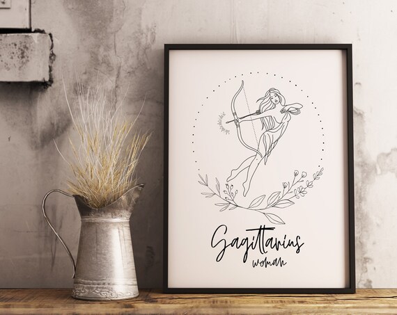 Sagittarius Woman Archer Botanical Zodiac Line Art Astrology Poster