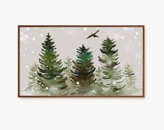 Christmas Pine Tree Watercolor Snowfall Forest Bird Scene Poster
