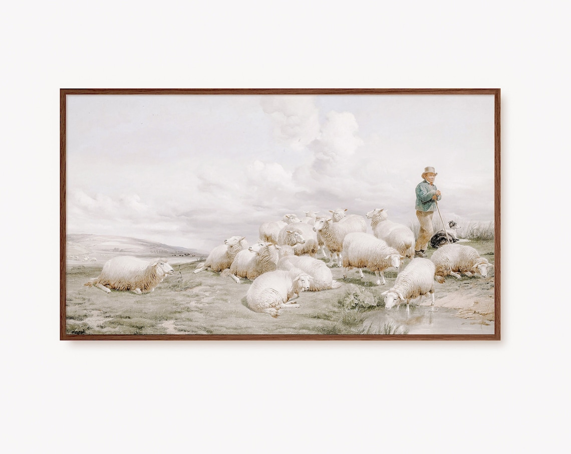 Shepherd Sheepdog Flock Stream Antique Farm Oil Painting Poster