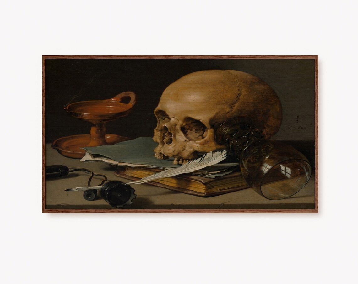 Skull Vanitas Still Life Oil Lamp Moody Dark Academia Art Poster