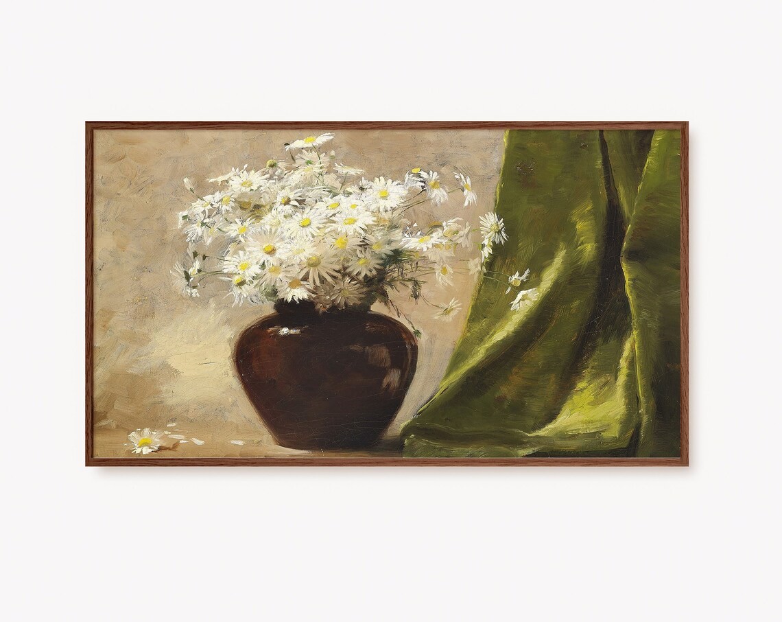 Antique White Daisy Bouquet Oil Painting Vase Still Life Decor Poster