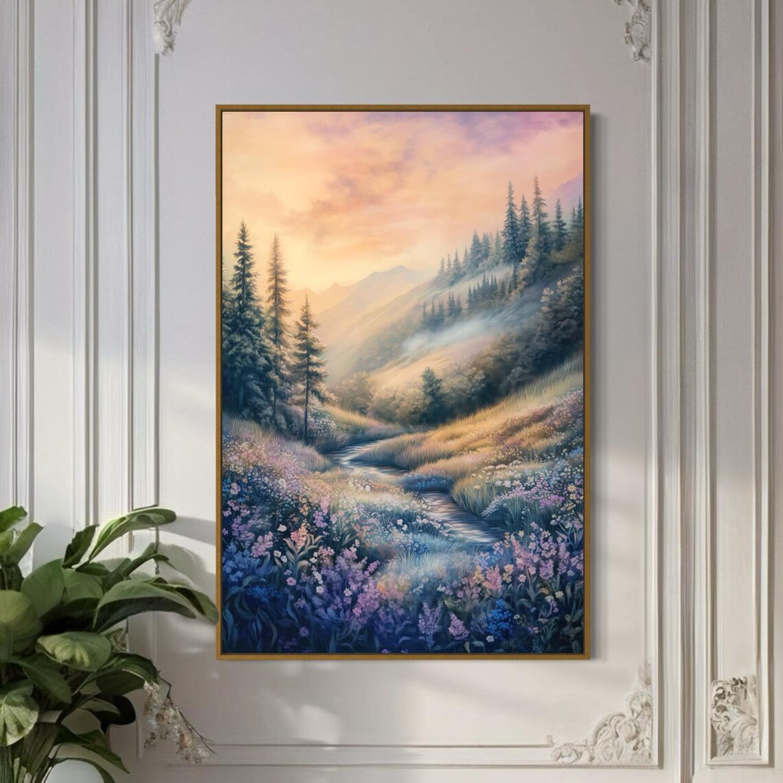 Mountain Valley Sunrise Wildflower Stream Serene Scenic Nature Poster