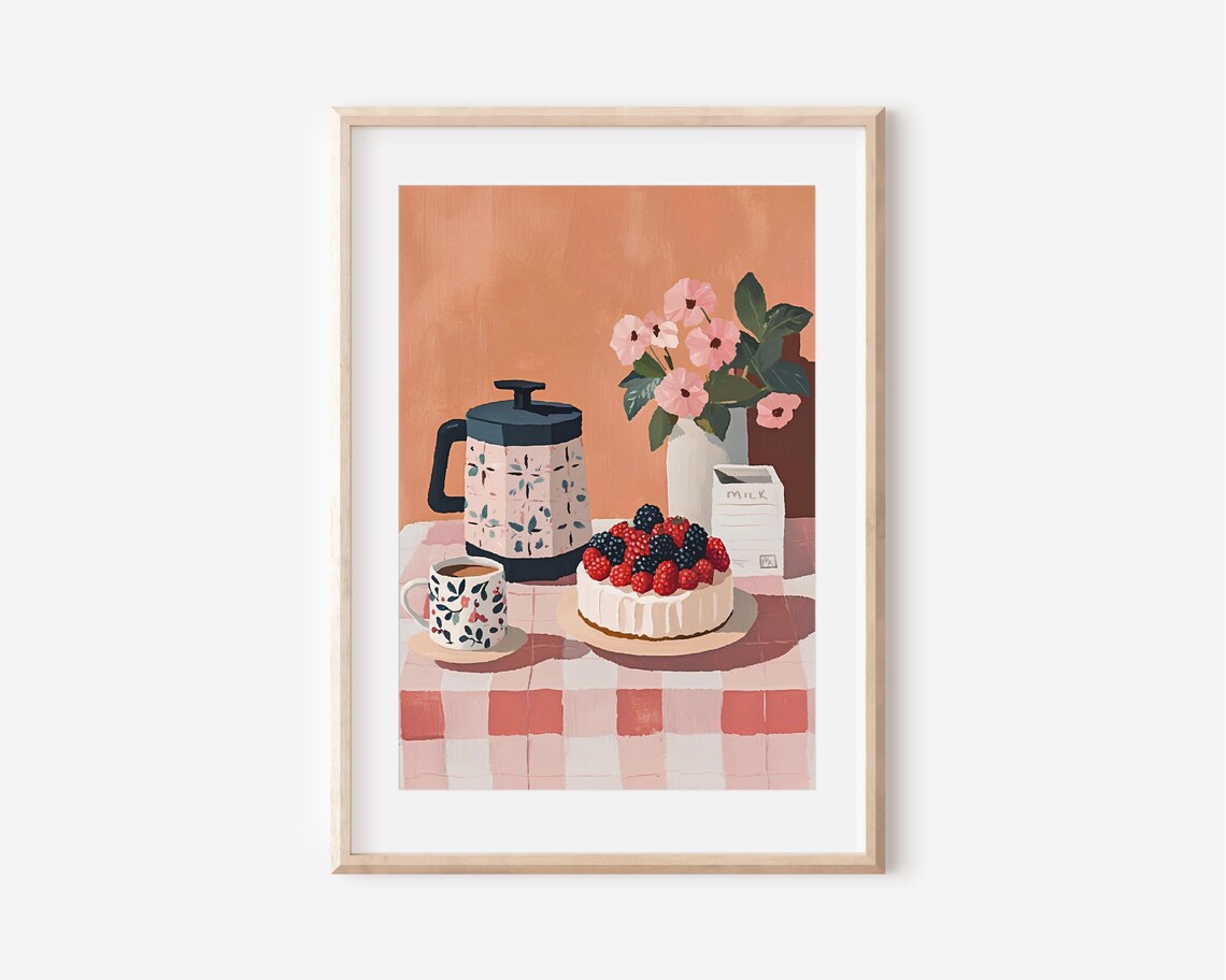 Coffee and Berry Cake Cozy Cafe Table Painting Still Life Wall Art