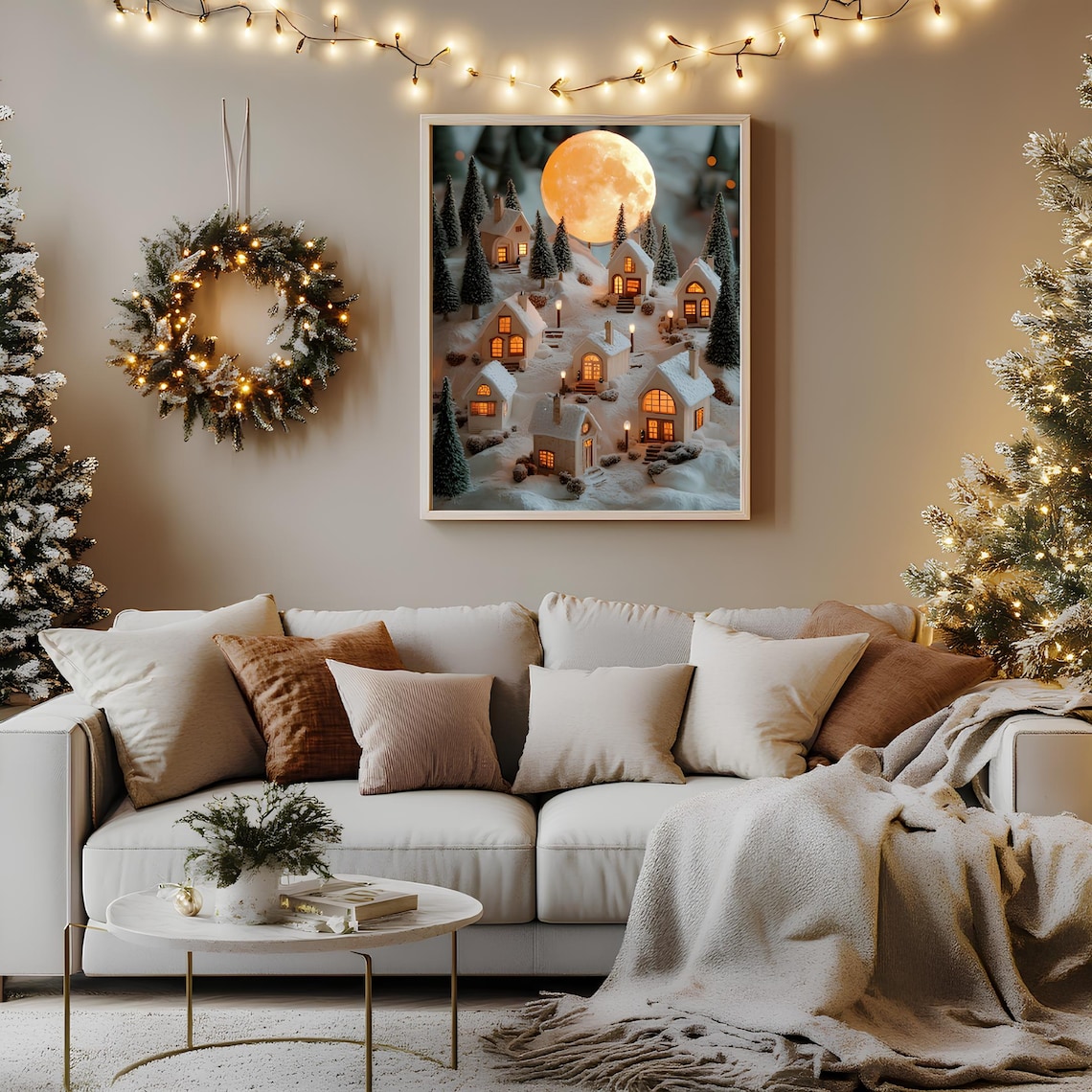 Giant Orange Moon Over Snowy Village Houses Winter Night Poster - Image 2