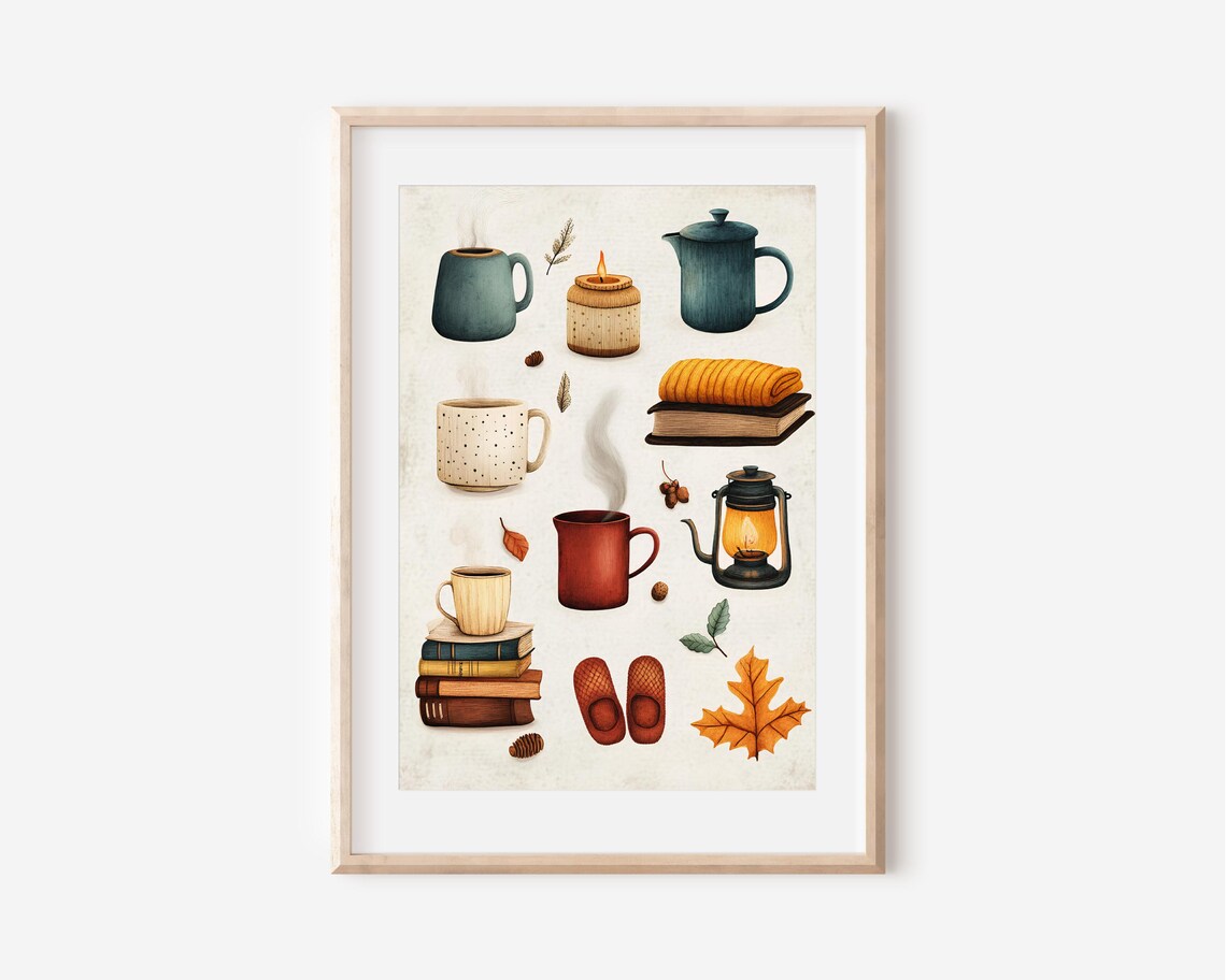 Winter Essentials Cozy Hygge Icons Mug Candle Books Winter Poster