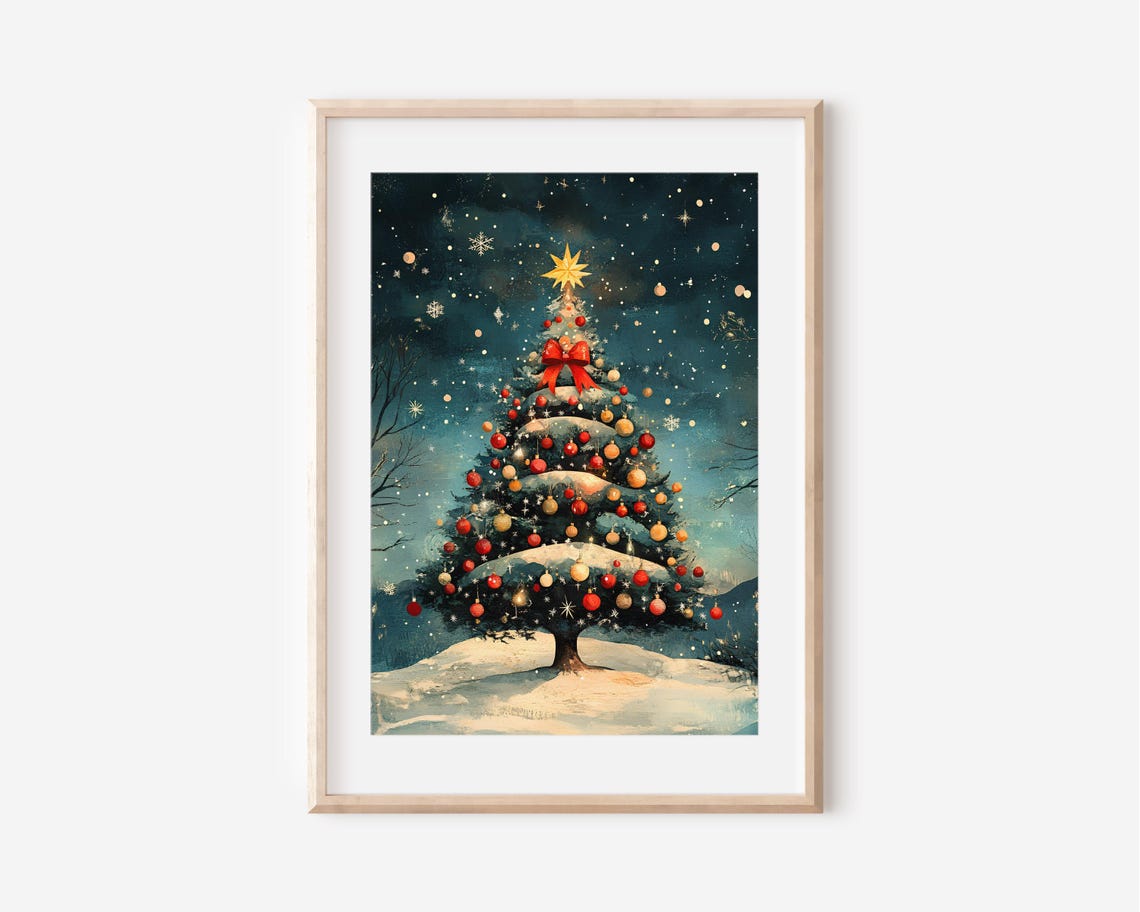Snowy Christmas Tree With Red Ornaments Starry Night Wall Art
