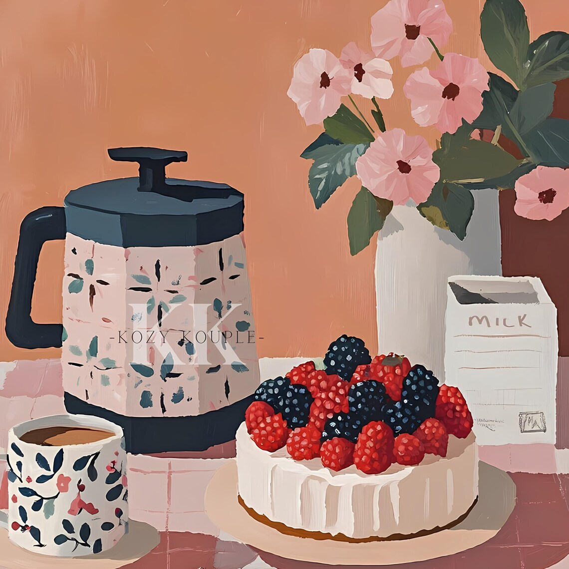 Coffee and Berry Cake Cozy Cafe Table Painting Still Life Wall Art - Image 3
