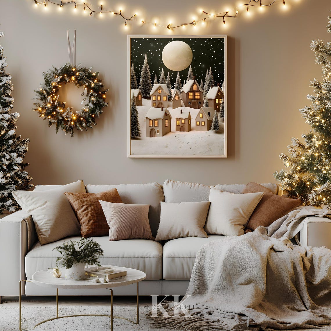 Moonlit Snowy Village Glowing Cottages Full Moon Winter Poster - Image 3