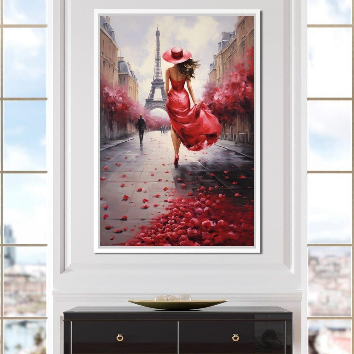Paris Eiffel Tower Red Dress Woman Street Rose Petals Travel Poster - Image 3
