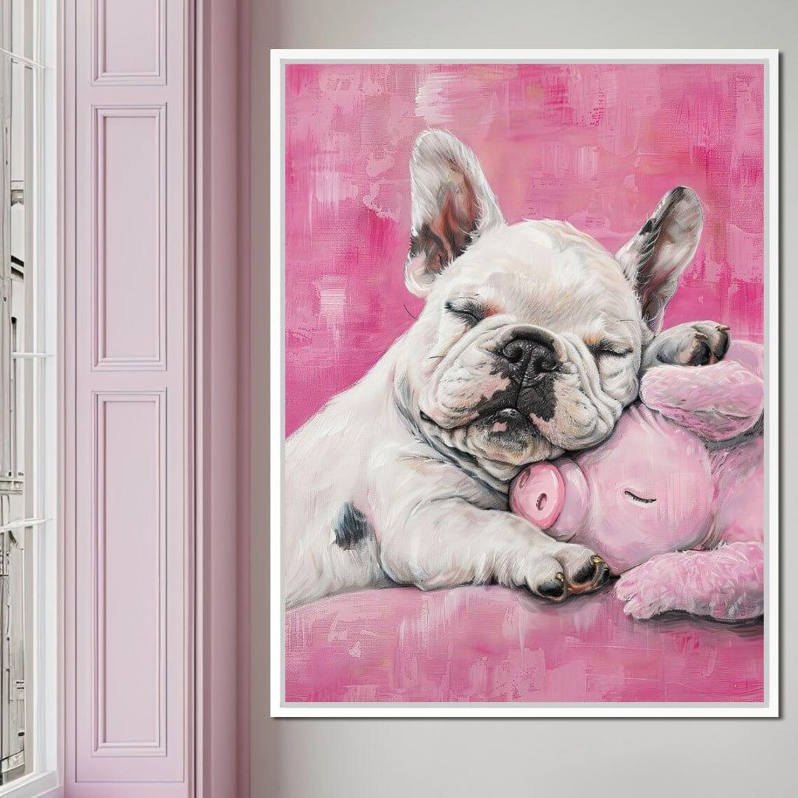 Sleeping French Bulldog Puppy Hugging Pink Piggy Plush Cute Art Poster