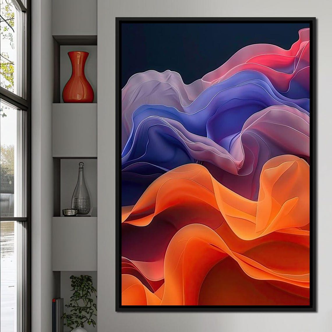 Flowing Orange Purple Silk Waves Abstract Swirls Dark Wall Art - Image 4