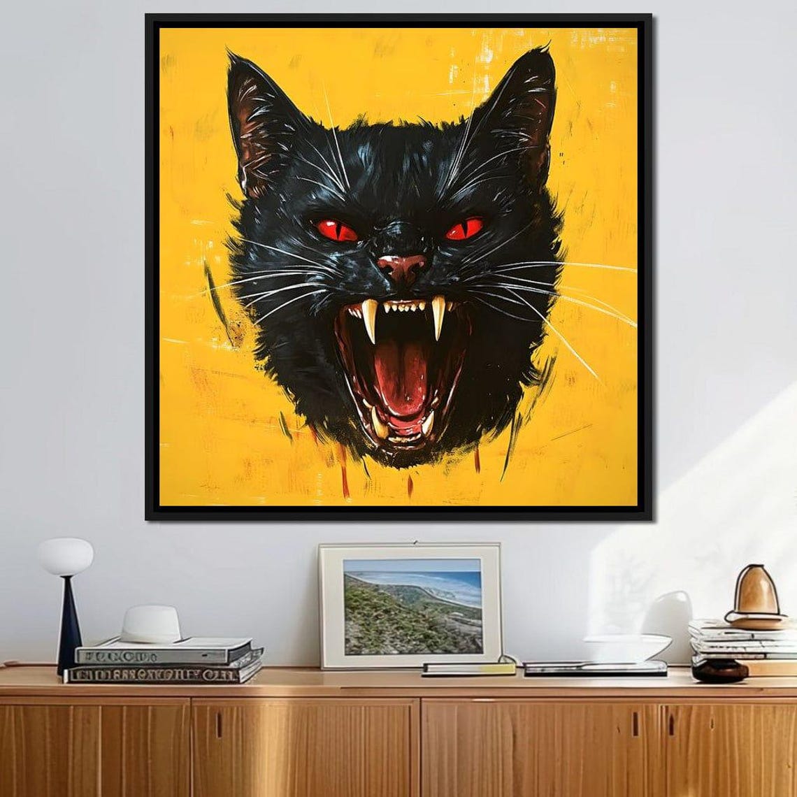 Hissing Black Cat with Red Eyes and Fangs on Bright Yellow Poster - Image 4