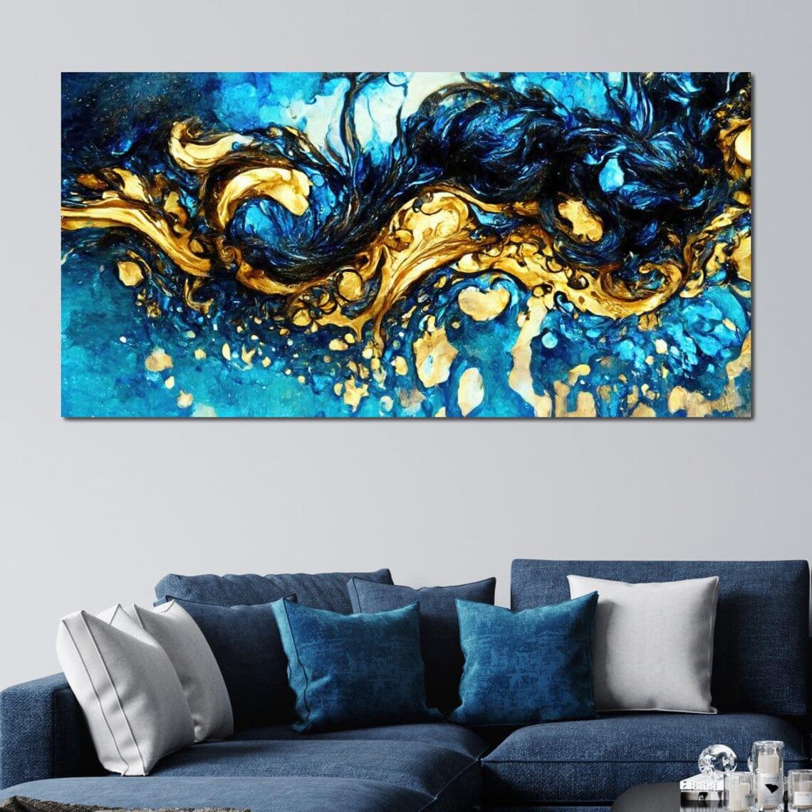 Electric Blue Gold Swirl Ink Waves Framed Abstract Modern Wall Art - Image 3