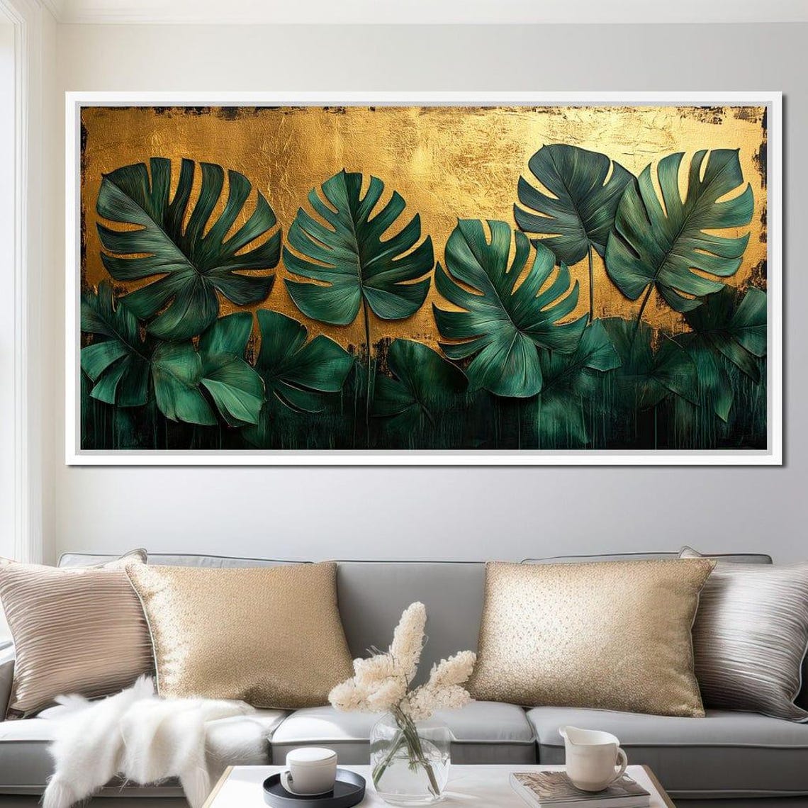 Deep Green Monstera Row Gold Leaf Background Luxe Botanical Wall Art