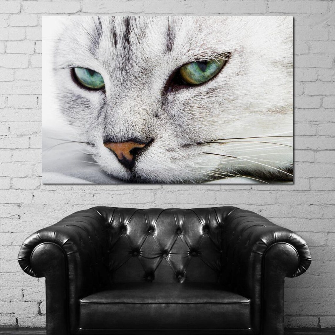White Cat Green Eyes Close Up Relaxing Feline Photography Wall Art Print - Image 4