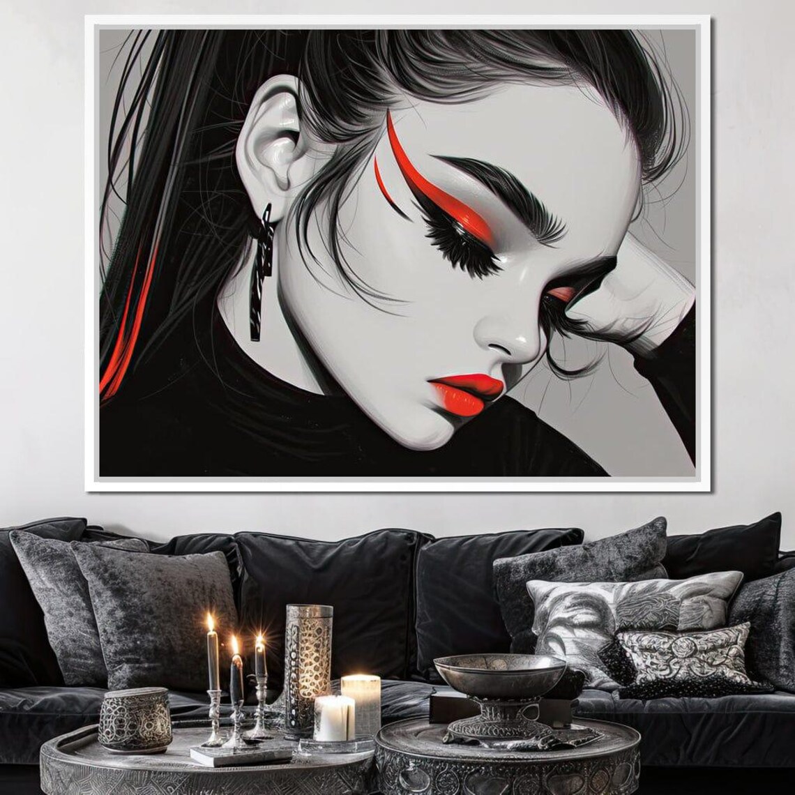 Japanese Geisha Style Woman Red Black Graphic Portrait Wall Art Print - Image 2