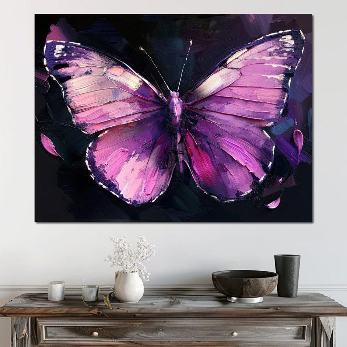 Purple Pink Butterfly Palette Knife Textured Painting Dark Wall Art - Image 4