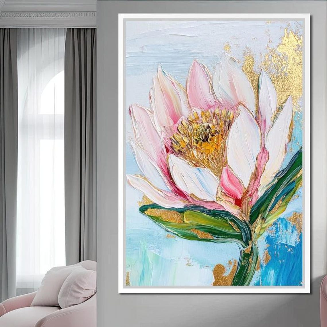 Pink Lotus Flower Gold Leaf Impasto Botanical Elegant Modern Print - Image 2