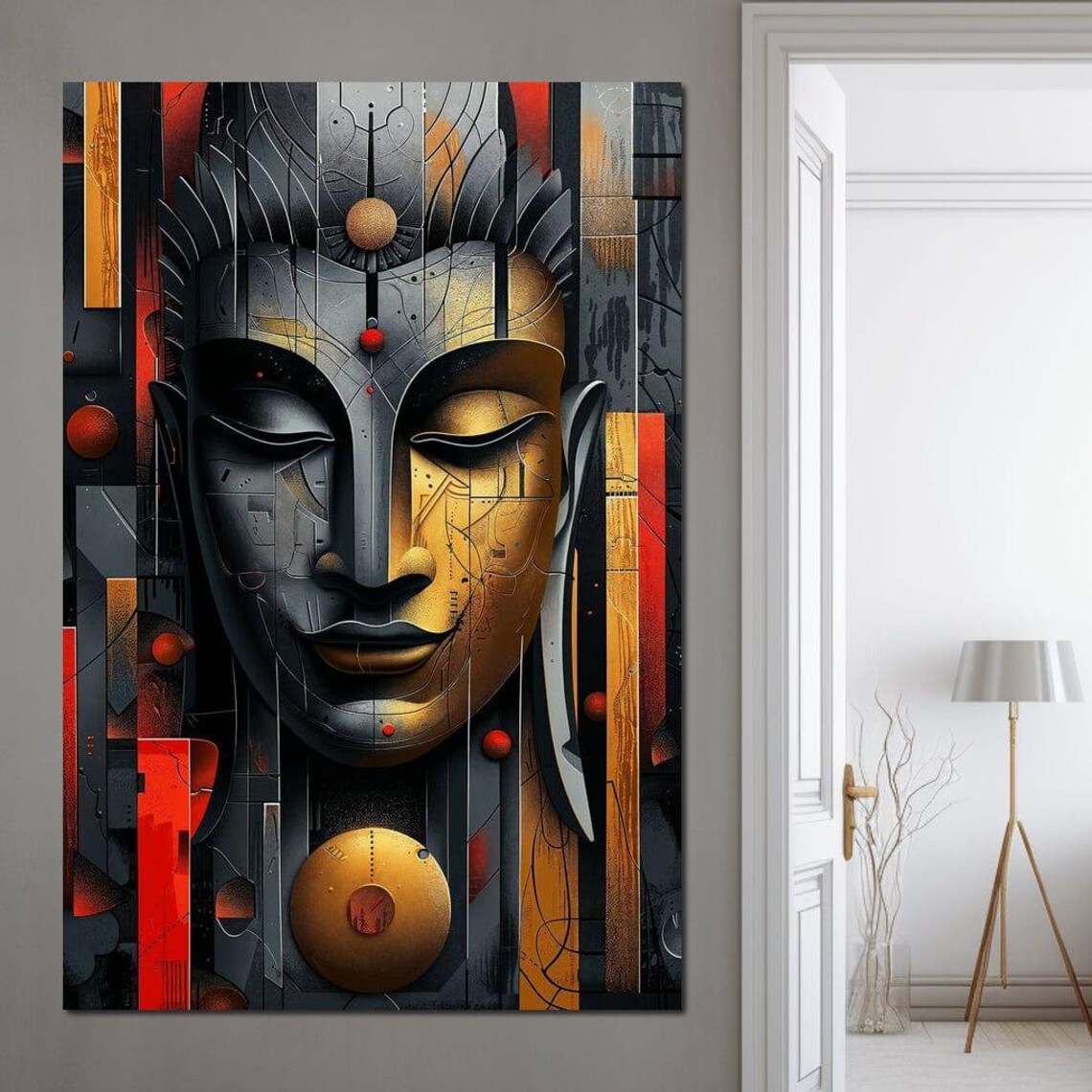 Geometric Buddha Face Gold Red Black Abstract Zen Meditation Wall Art - Image 3