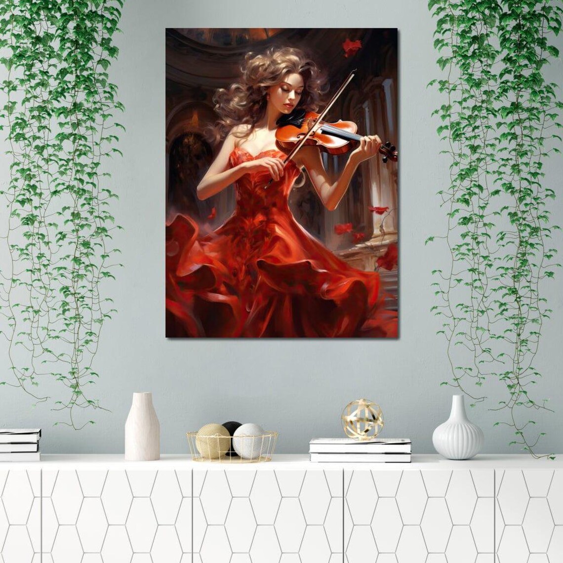 Red Violinist Elegant Woman Playing Violin In Crimson Gown Art Poster - Image 2