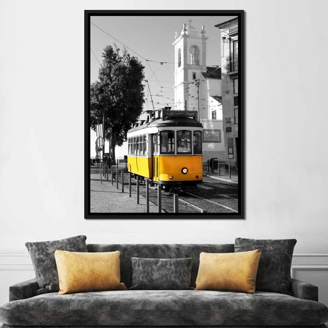 Yellow Lisbon Tram Selective Color With Church Tower Travel Art Poster