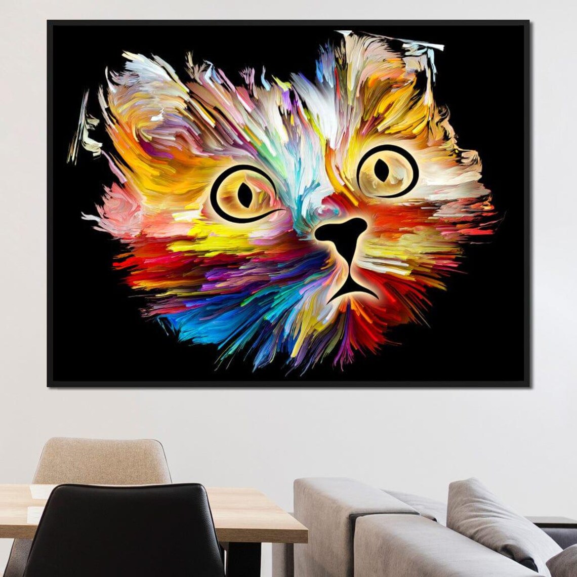 Rainbow Brushstroke Cat Face Black Background Colorful Whimsical Art Poster