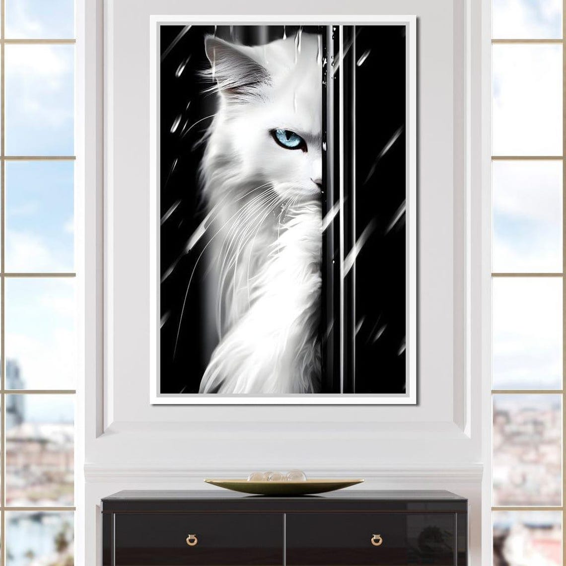 White Cat Blue Eyes Rain Glass Monochrome Framed Dramatic Wall Art - Image 3