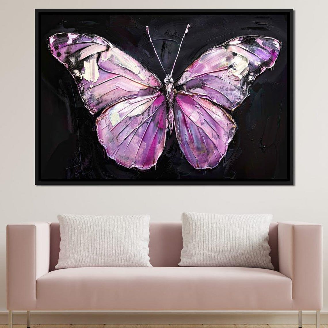Pink Violet Butterfly Wings Black Background Textured Modern Wall Art - Image 3