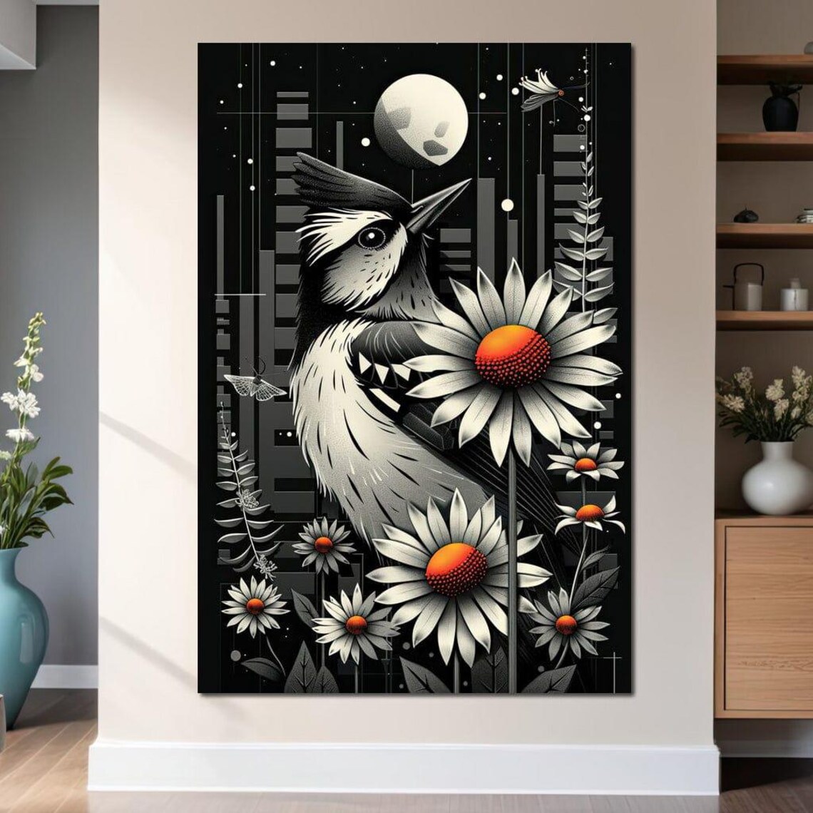 Monochrome Songbird Moonlight Daisies Night Sky Whimsical Art Poster - Image 3