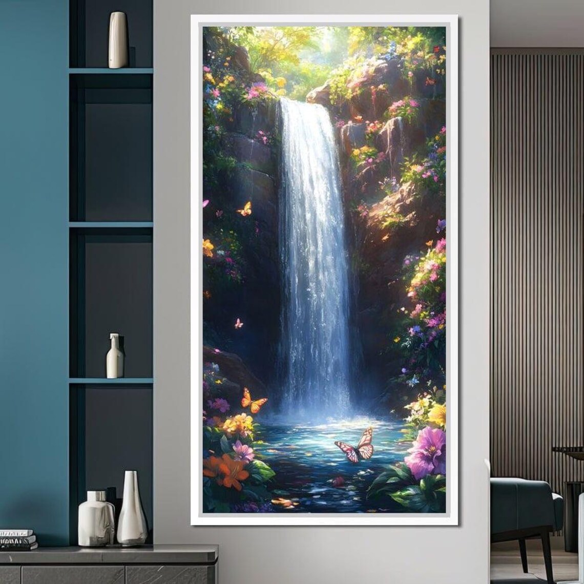 Hidden Waterfall with Butterflies and Tropical Flowers Wall Poster