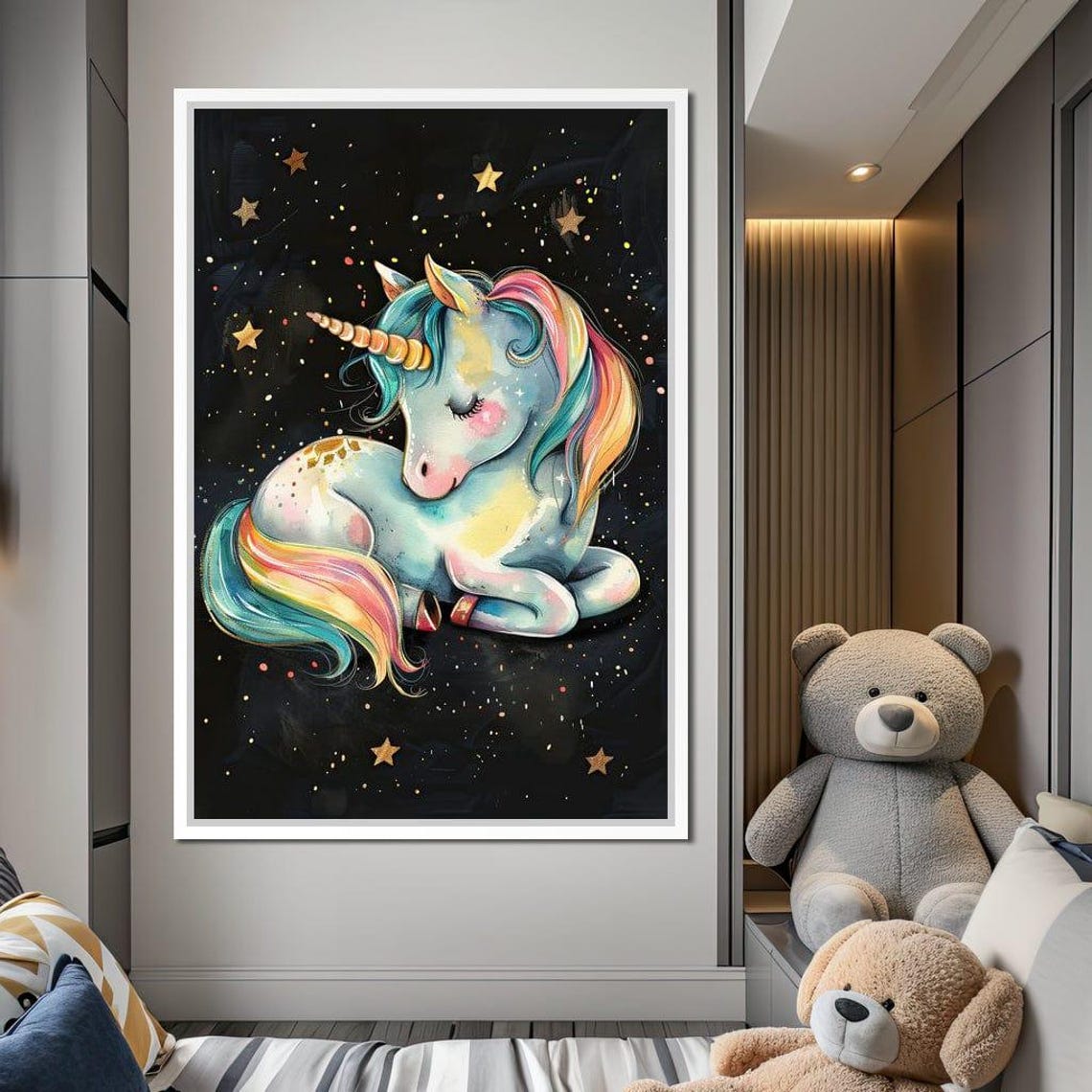Sleeping Rainbow Unicorn Curled Beneath Starry Night Sky Poster - Image 4
